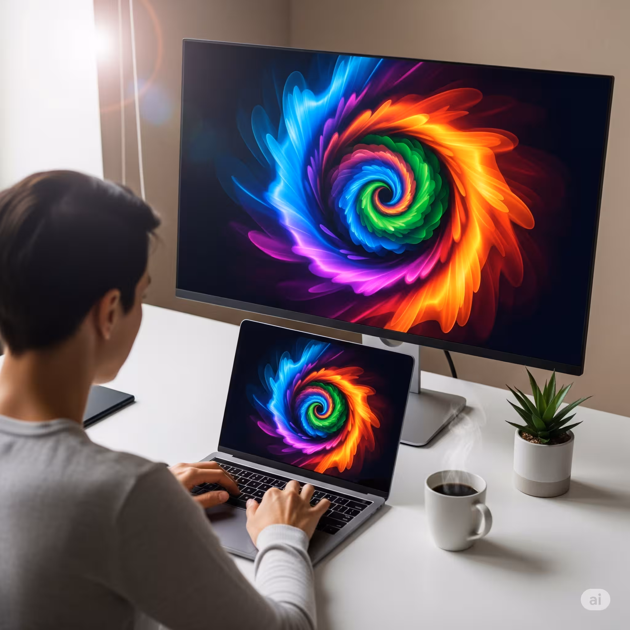 A creator typing on a laptop, with a large monitor behind them displaying a vibrant, colorful piece of AI-generated abstract art in a modern workspace.
