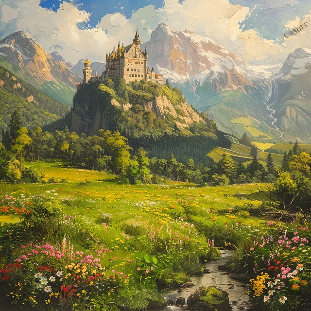 A hyper-detailed fantasy castle generated by Midjourney, featuring dramatic lighting, intricate towers, and a cinematic, painterly art style.