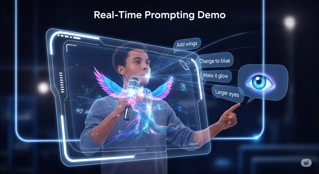 Illustration of a person giving live voice commands to AI as the image updates dynamically